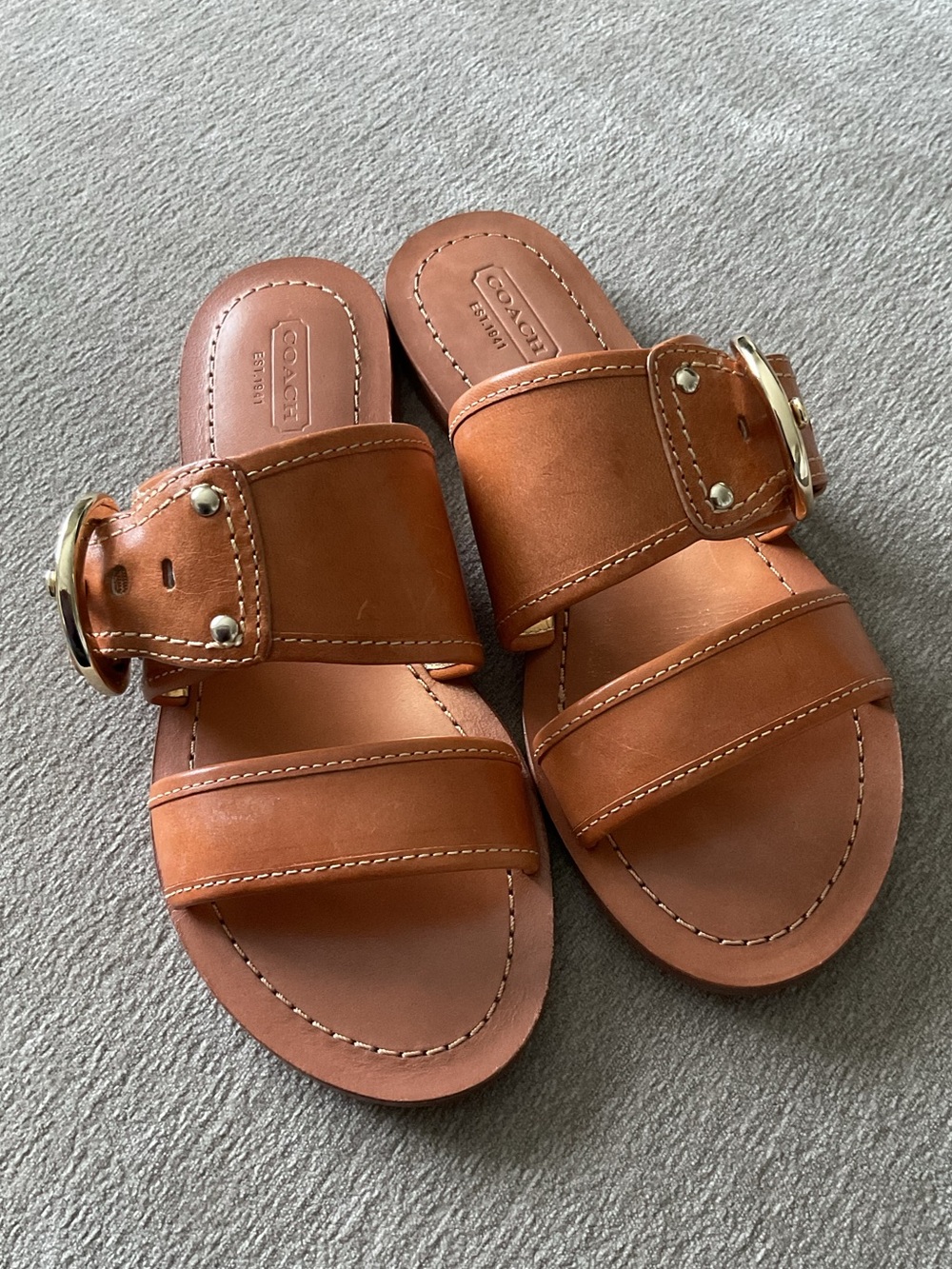 Coach Tan Leather Double-Strap Slide Sandals with Gold Buckle - Picture 2 of 9